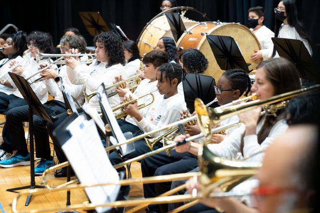 Students rehearse as part of the Paterson Music Project at John F. Kennedy High School in Paterson on Saturday, January 28, 2023.